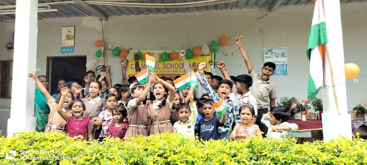 Students cheering with flags on Independence Day