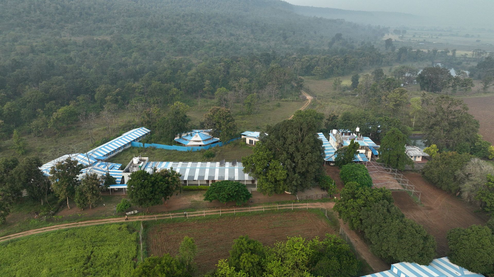 Aerial view of the green school campus