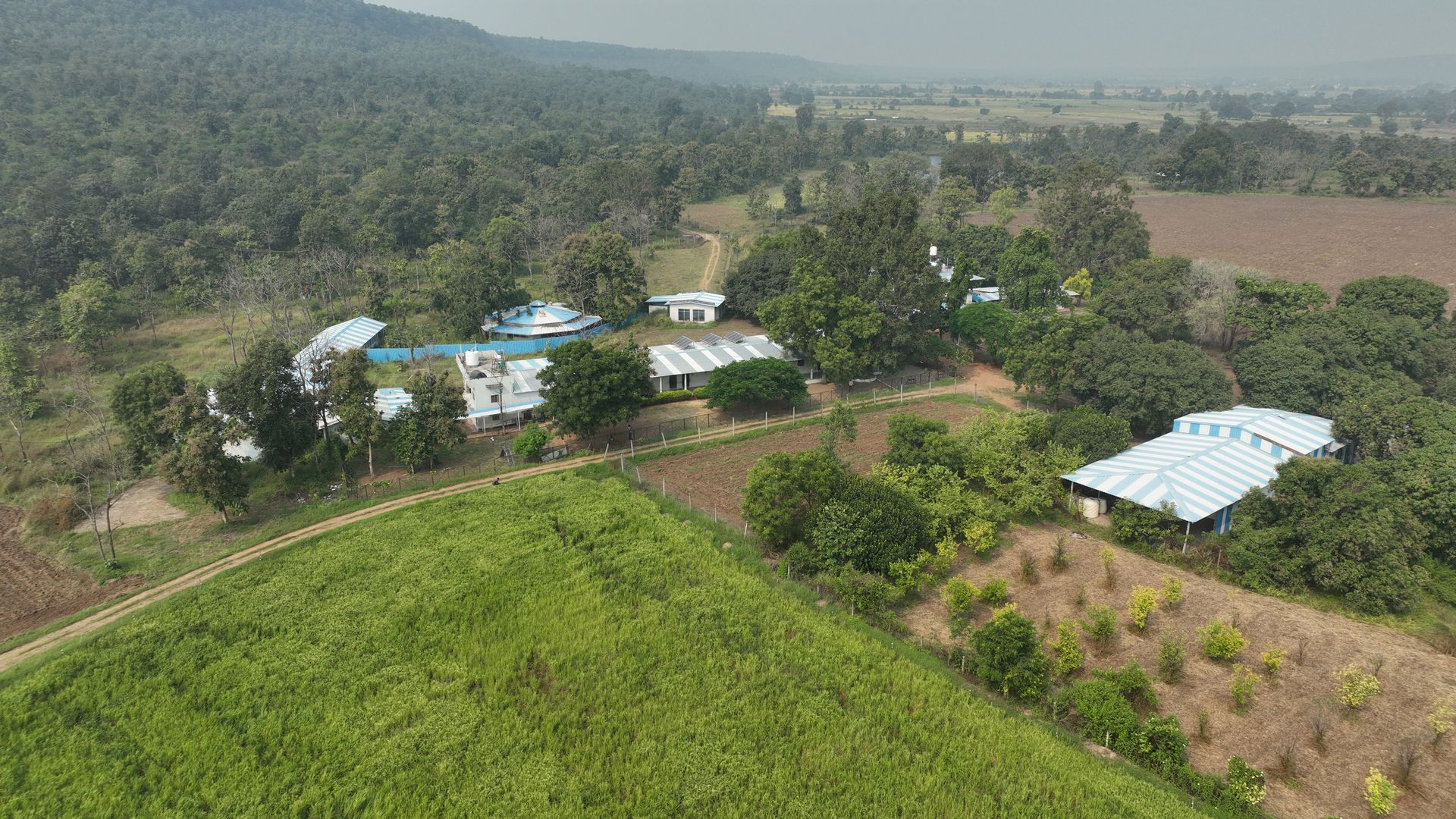 Aerial view of the Amoni campus with forest and fields around it